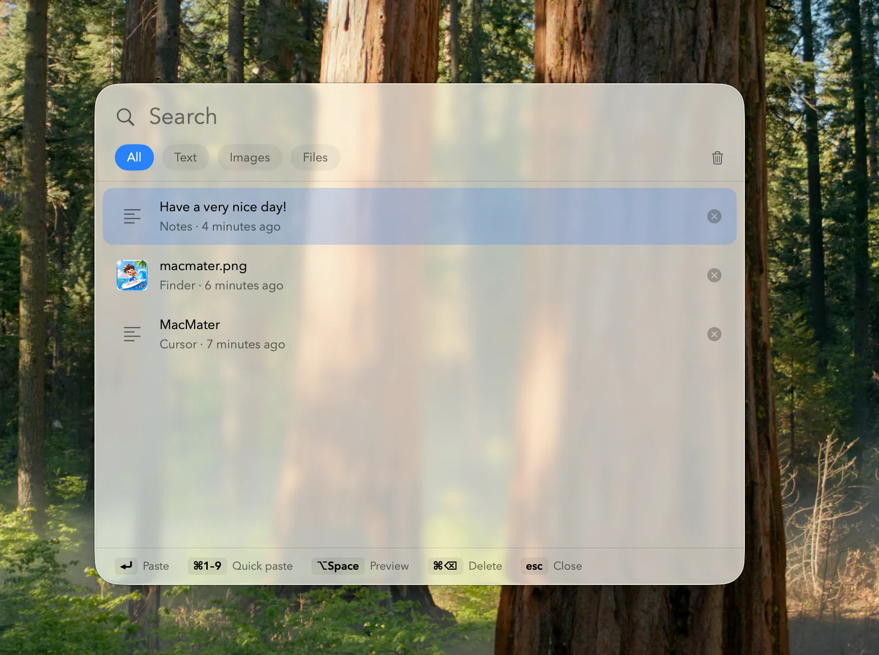 Deftbox clipboard picker showing searchable history with text, image, and file categories