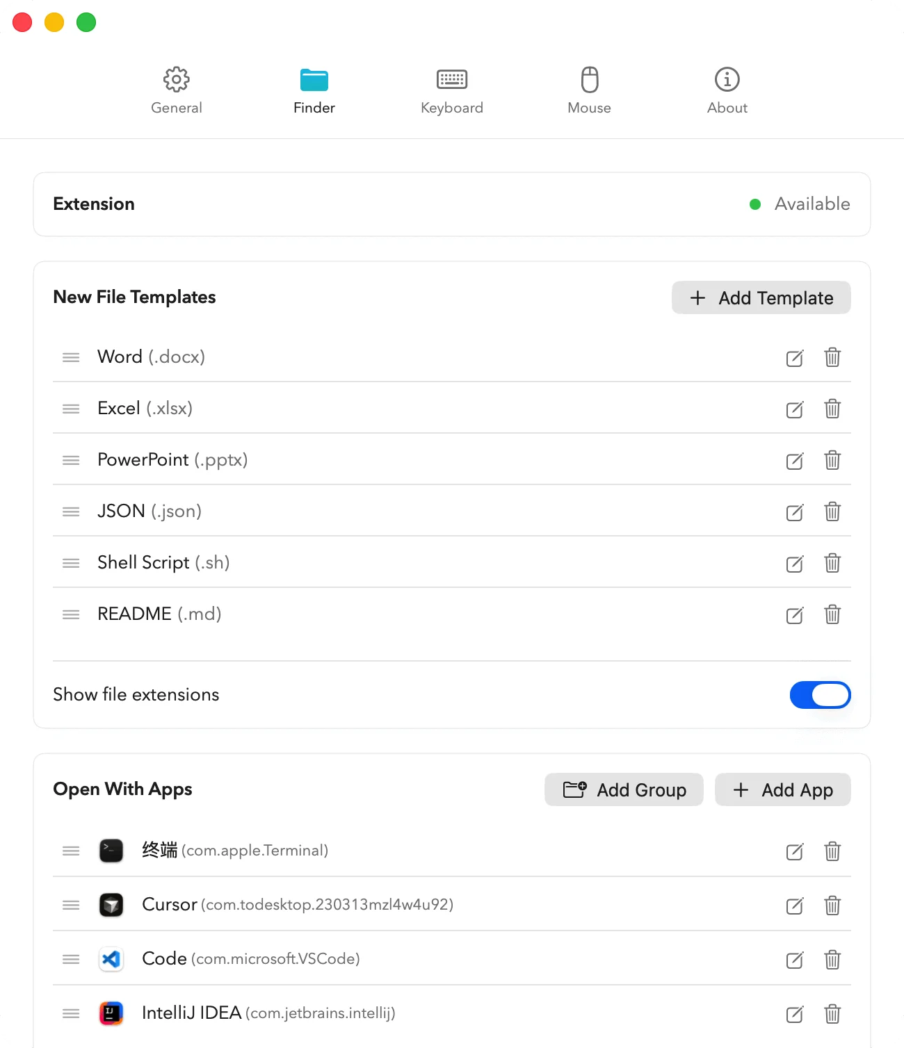 Deftbox Finder settings showing custom file templates and Open With apps