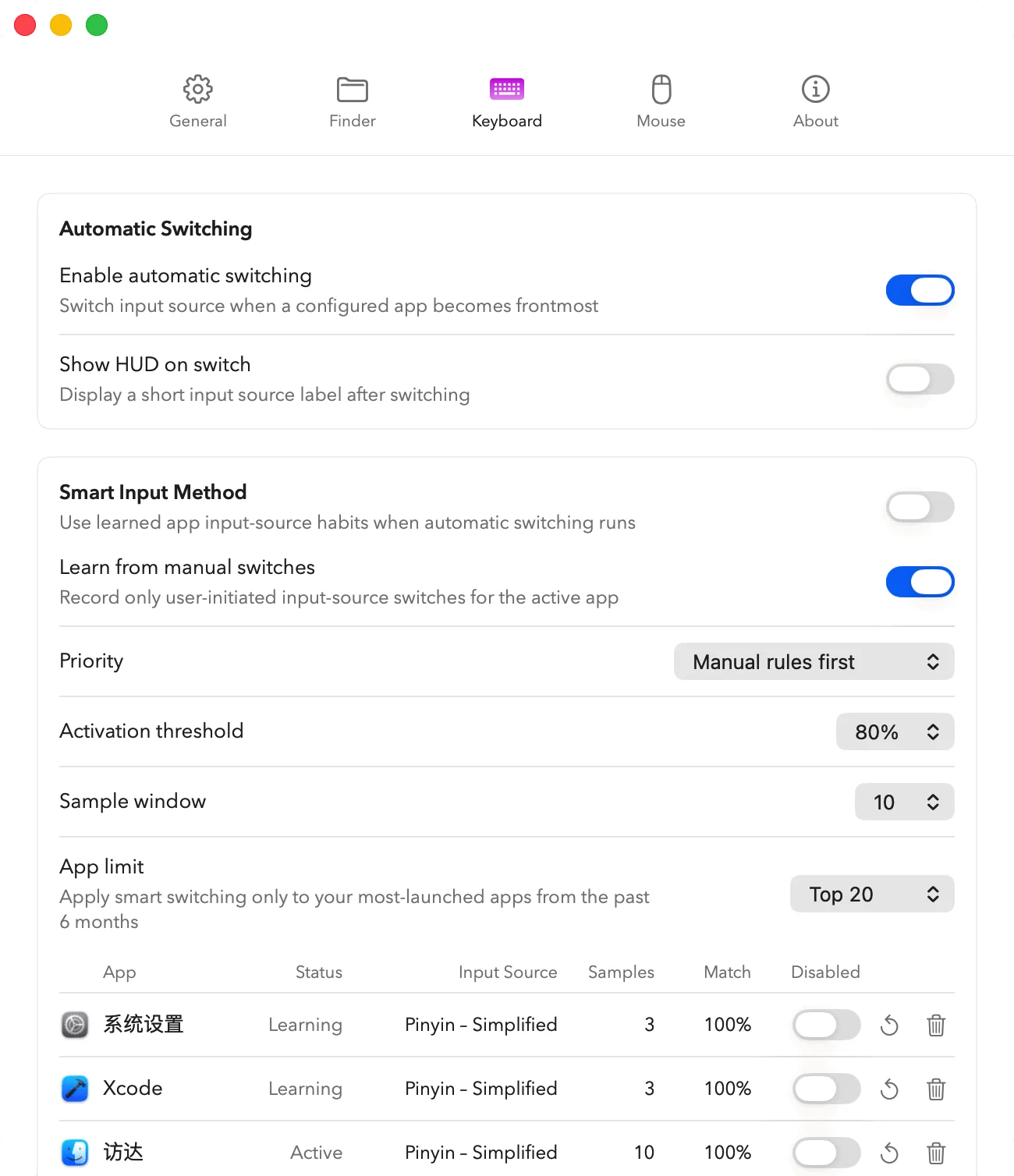 Deftbox Keyboard settings showing automatic input source switching with learned rules