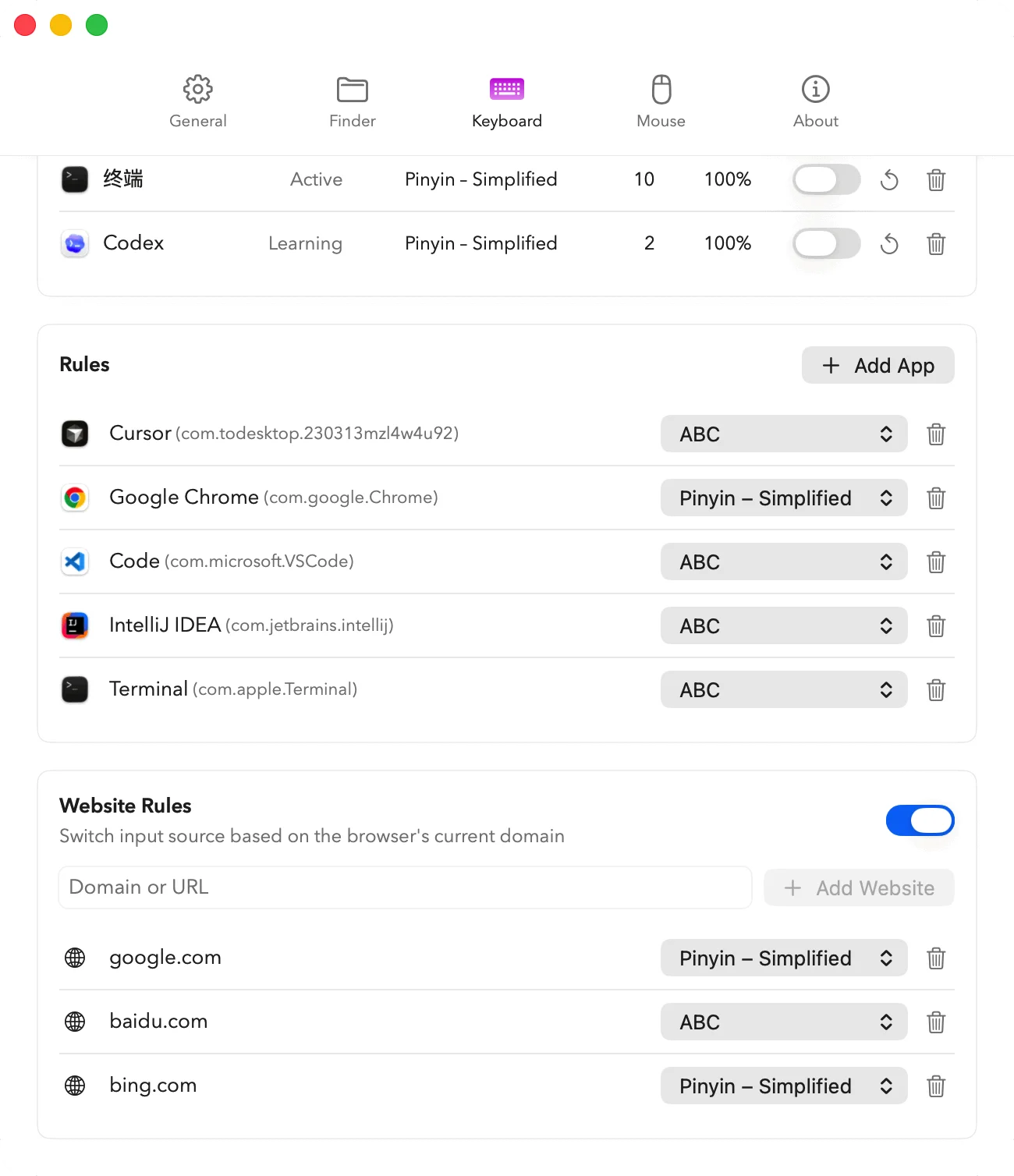 Deftbox Keyboard rules showing per-app and per-website input source overrides