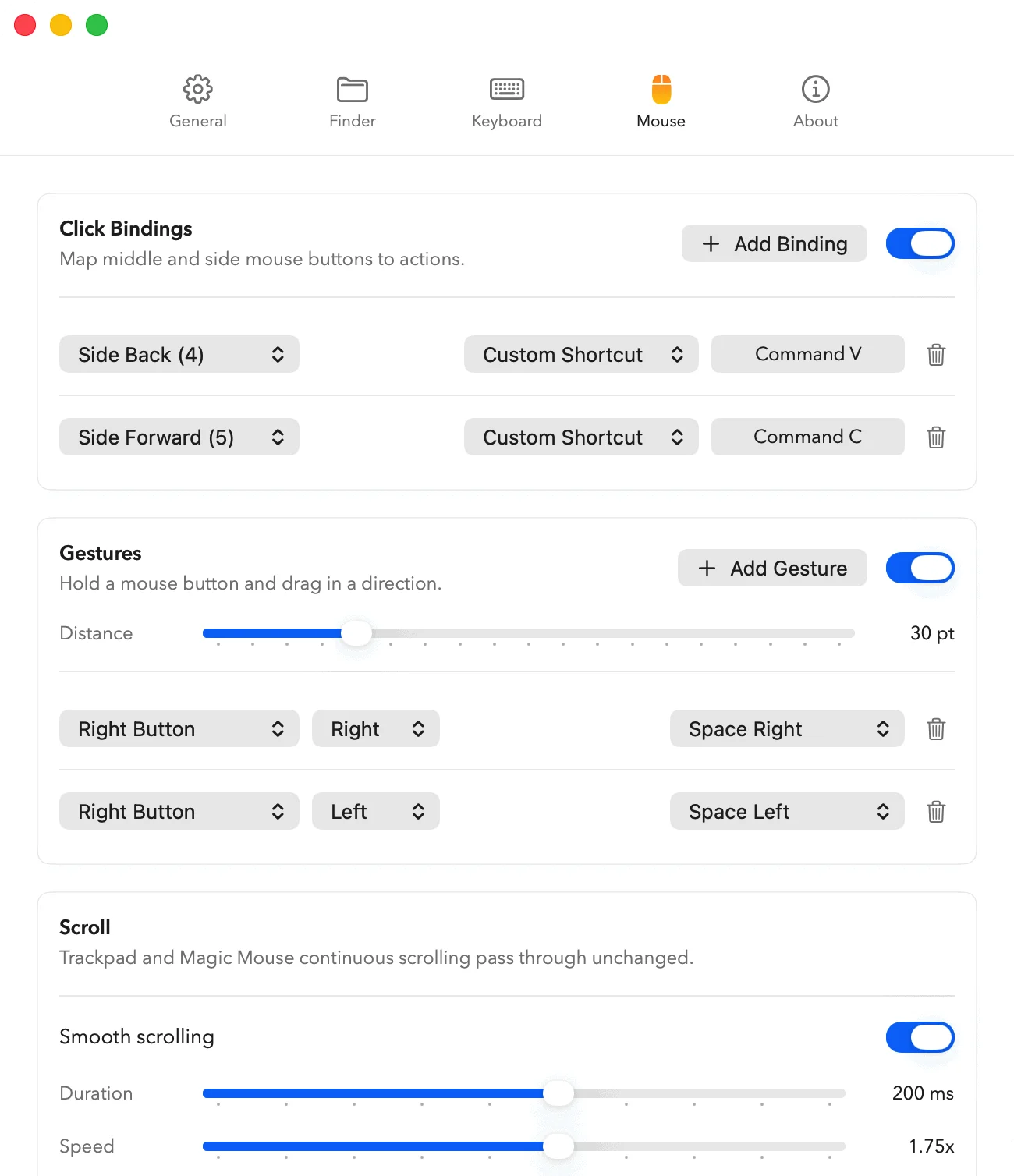 Deftbox Mouse settings showing click bindings, gestures, and smooth scrolling